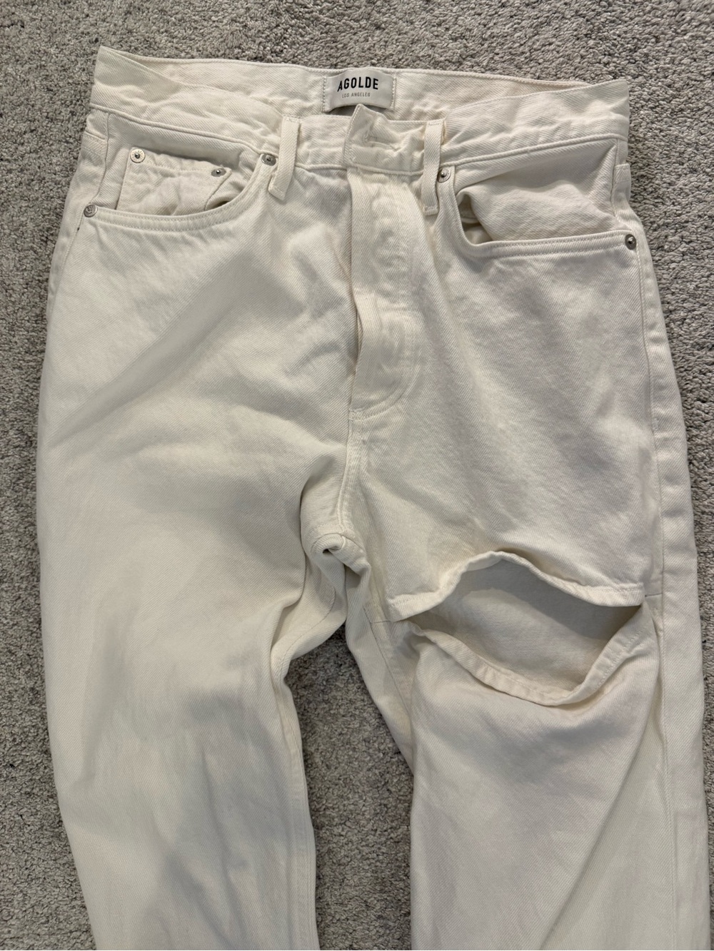 Agolde Women's White High-Rise Straight Leg Jeans with Knee Slit - Picture 3 of 5